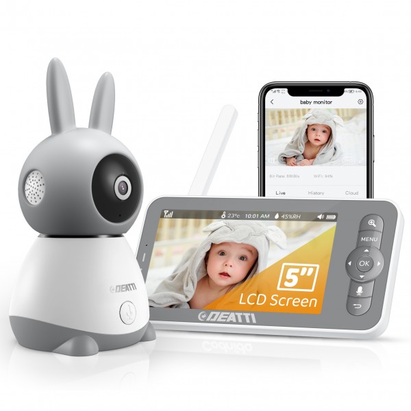 DEATTI Baby monitor with camera, 1080P baby monitor video, 5 inch baby monitor with camera and app, motion and scream detection, PTZ, IR night vision, two-way audio, lullabies, temperature display
