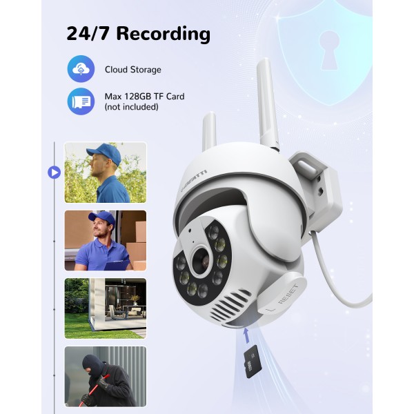 PTZ IP Outdoor WLAN Camera, Deatti 2K IP Outdoor WLAN Surveillance Camera, Two-Way Audio, Motion Sensor, Night Vision, Push Notifications, IP66, Support 128G SD Card (Not Included)