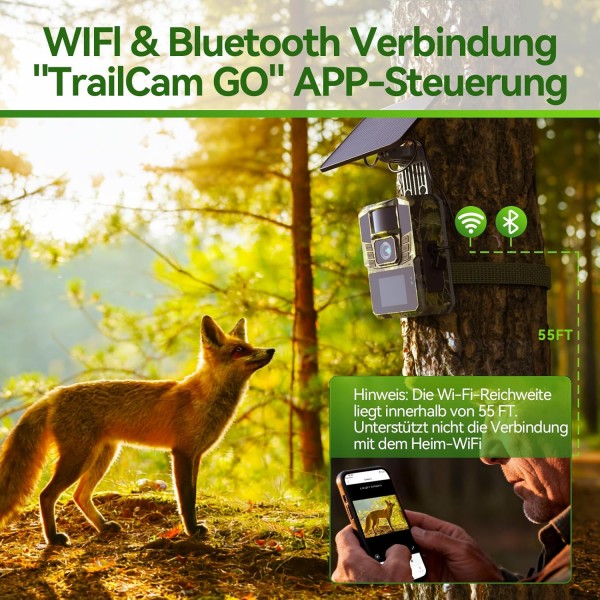WLAN Solar Wildlife Camera 4K 48MP with Mobile Phone Transfer App, Wildlife Camera with Night Vision Motion Sensor Built-in 5200 mAh Lithium Battery, 64 GB SD Card, 0.1 s Trigger Motion Activated
