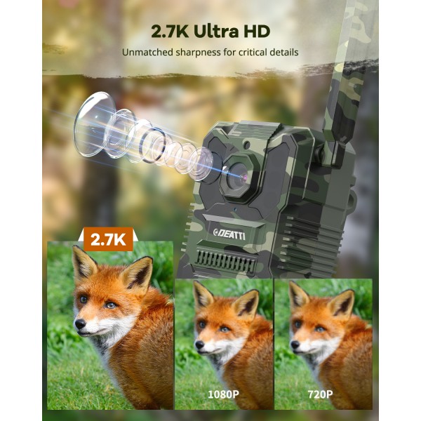 DEATTI 2.7K Video Cellular Trail Cameras,Game Cameras with No Glow Night Vision,64GB SD Card,No WiFi Needed,Unlimited Data Plan,0.2s Trigger Time for Wildlife Deer Monitoring Trail Cam